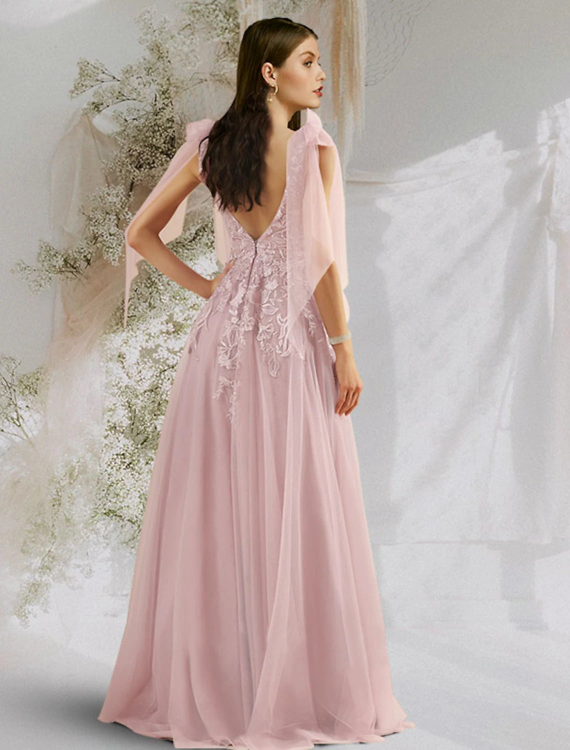 Wholesale  A-Line Beautiful Back Floral Open Back Engagement Prom Dress V Neck Backless Sleeveless Floor Length Tulle with Bow(s) Appliques